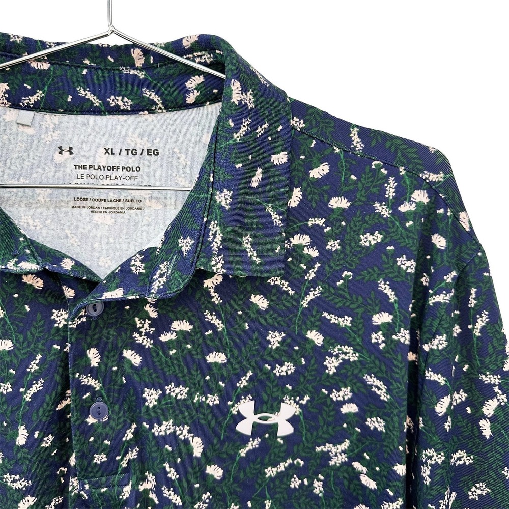 UNDER ARMOUR Men's The Playoff Polo Floral Print • XL • forest green, blue